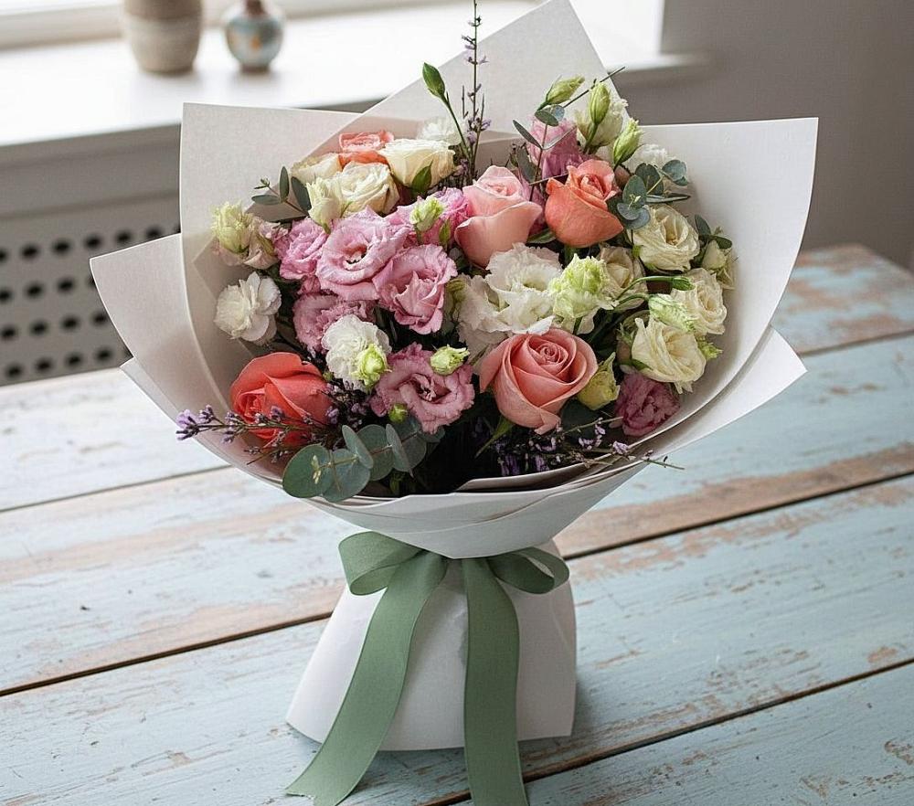 Букет цветов из: Розы, Лизиантусы и Гвоздики в Павловске Алтайского края