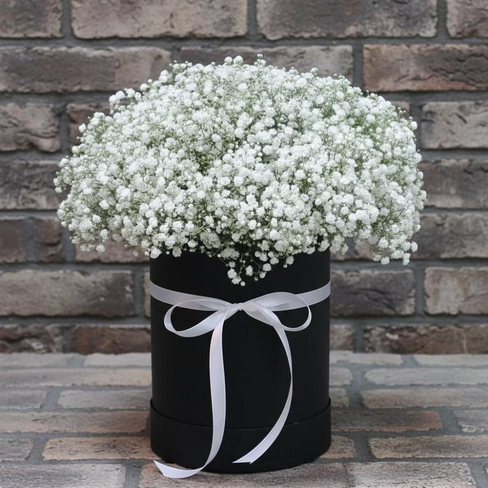 Цветочная композиция из Гипсофила в шляпной коробке в Павловске Алтайского края