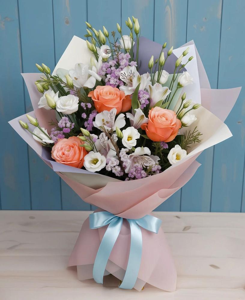 Букет цветов из: Лизиантусы, Розы, Альстромерии и Гипсофила в Павловске Алтайского края